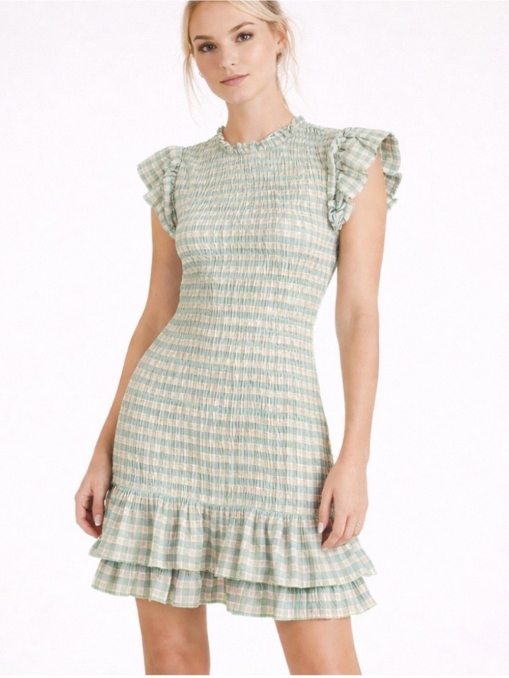 Veronica Beard Cici Smocked Seersucker Mini Dress Ruffle Hem Short Sleeve Green
